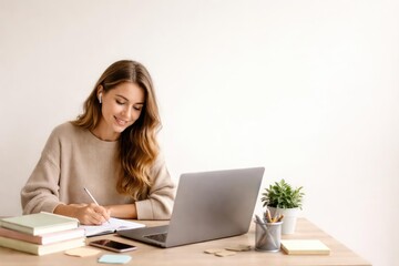 Home based online studying by young woman with plain background and large copy space