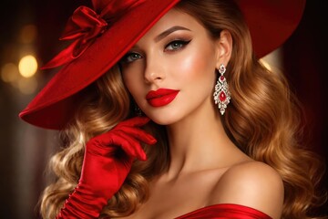 Glamorous female figure adorned with bright red hat and vivid lipstick showing charm