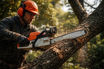 Person operating power chainsaw to cut tree branch during maintenance