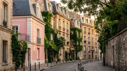 Fototapeta premium Charming cobblestone street lined with historic European buildings draped in lush greenery.
