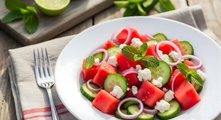 Refreshing Watermelon Salad with Feta Cheese and Mint Garnish on White Plate with Fork Light Wooden Surface Summer Cuisine Healthy Eating Vegetarian Dish Gourmet Food