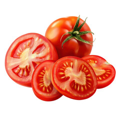 Fresh red tomato with several sliced pieces presenting the fruit for meals, salads, and snacks in a simple layout