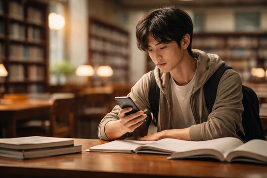 Japanese male college student using smartphone for study in academic library with copy space available