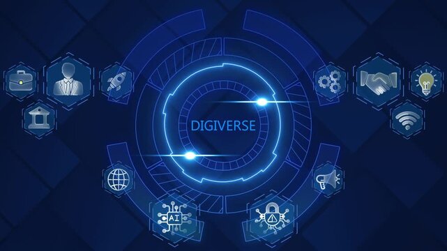 Futuristic Digiverse Concept with Glowing Blue and Symbols technology innovation digital