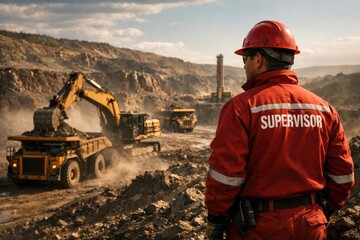 Red uniformed supervisor overseeing mining machinery operation in daylight with copy space