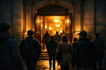 Passersby heading to an expansive doorway lit by warm light