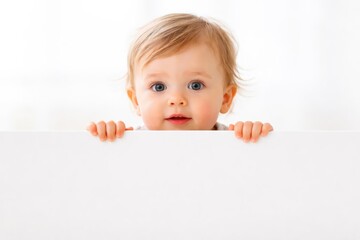 Bright empty background with toddler peering over blank white banner with innocence