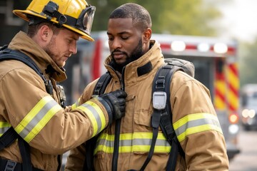 Firefighter ensuring close zipper fit for partner's comfort and ease of movement in fire service tasks with copy space