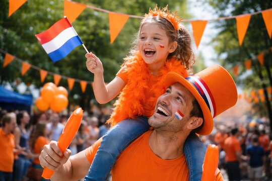 Playful father and daughter enjoying outdoor games and festivities on King's Day