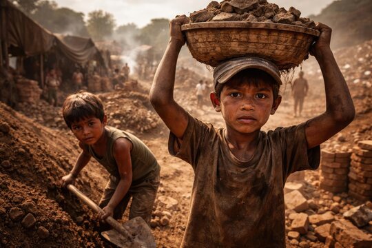 Child labor on site with poverty themes captured in a vivid image