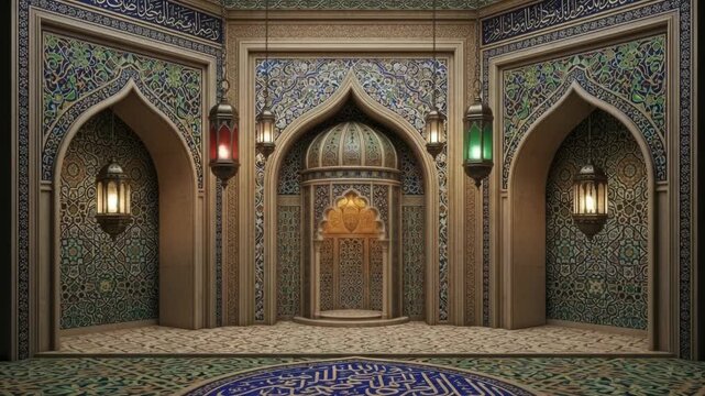An ornate stone entrance inside an old Istanbul mosque with arches, patterned walls, and wooden doors
