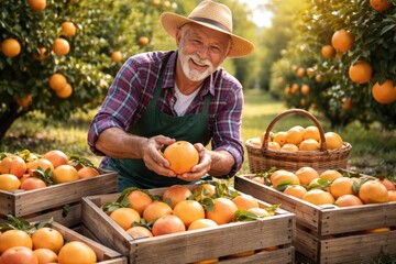 Farmer Enjoying Harvesting Grapefruits in a Lush Fruit Orchard Packing Fresh Fruits into Wooden Crates