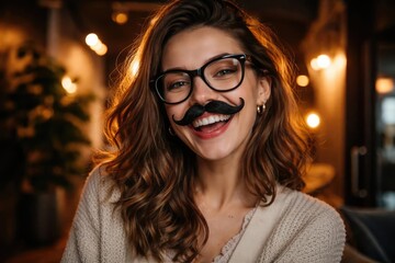 Grinning woman wearing big black glasses and playful mustache in contemporary interior space lit dramatically