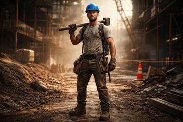 Full length depiction of a determined construction laborer wearing a blue helmet in an industrial work environment
