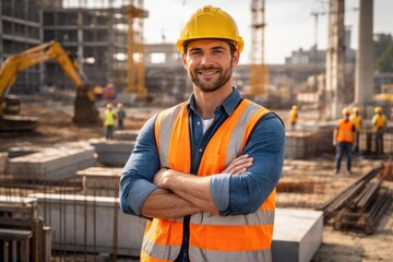 Hard hat and vest clad construction worker confidently overseeing site activities