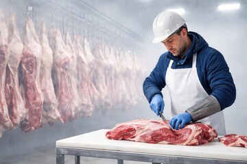 Meat cutter working in cold storage environment with copy space