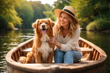 Content woman and her Nova Scotia Duck Tolling Retriever pet having fun in a wooden boat on a peaceful lake surrounded by dense green foliage