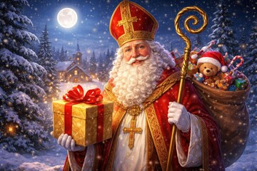 Bright Saint Nicholas smiling with gifts on a calm and frosty winter night