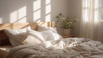 Fototapeta premium Bedroom with a bed in the center. the bed has a wooden headboard and is covered with a beige comforter and several white pillows.