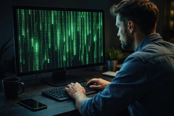 Man using computer with digital green binary matrix on screen