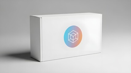 White product packaging box mockup featuring a modern gradient cube logo design