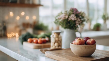 Kitchen countertop with a wooden cutting board on it. on the cutting board, there is a wooden bowl filled with red apples.