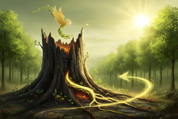 Glowing phoenix rises from a tree stump in an enchanted forest, fantasy style, mystical morning light background, concept of rebirth and magic