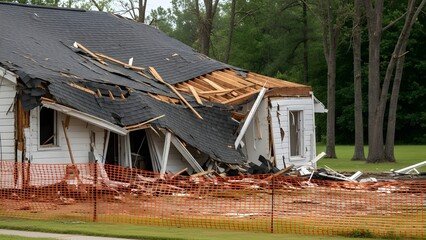 White house with severely damaged roof and walls surrounded by debris and orange safety netting home