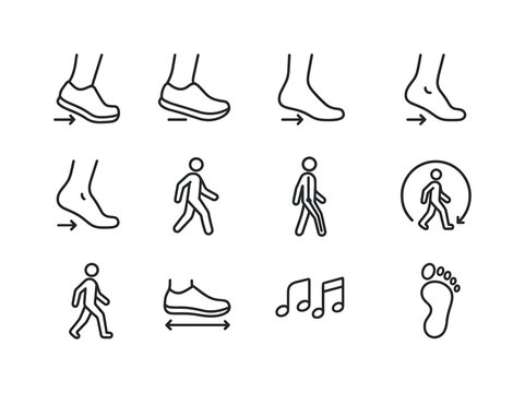 Gait Alignment Icons. Gait alignment. Line icon set of gait alignment: heel strike icon, midfoot strike icon, toe-off phase, foot pronation, foot supination,