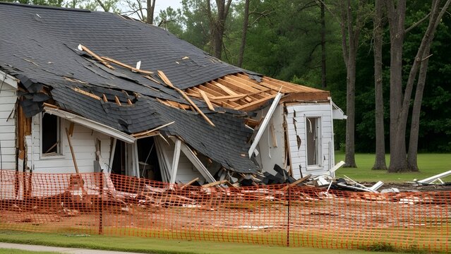 White house with severely damaged roof and walls surrounded by debris and orange safety netting home
