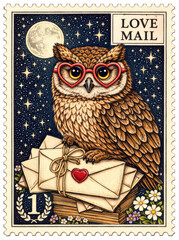Starry night owl perched on envelopes with a heart seal, framed in a romantic &ldquo;Love Mail&rdquo; stamp design.
Great for social posts, wedding invites, or whimsical packaging.