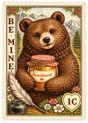 Sweet bear holding a honey jar labeled &ldquo;Sweetheart&rdquo; on a charming vintage &ldquo;Be Mine&rdquo; stamp.
Perfect for Valentine gifts, cozy merch, or kids&rsquo; love-themed illustrations.