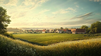 Obraz premium Serene Countryside: Golden Field, Quaint Village, and Birds in Flight at Dawn