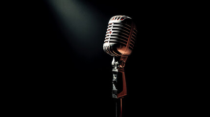 Vintage microphone stands alone on stage, illuminated by a soft spotlight, creating an atmosphere of anticipation and nostalgia for live music performances and vocal artistry