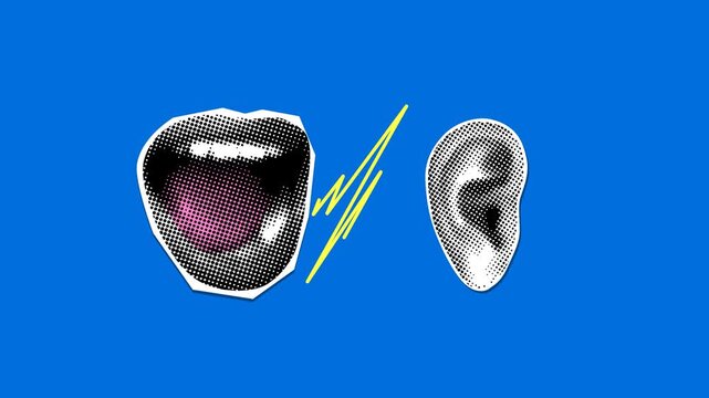Gossip concept. Retro halftone screaming mouth, ear, audio sound waves. Ear hears scream. Announcement. Advertising concept. Influence of criticism on person. Scandalous news. Collage animation