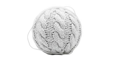 Png isolated transparent background White knitted cable knit ball of yarn with loose thread on black background