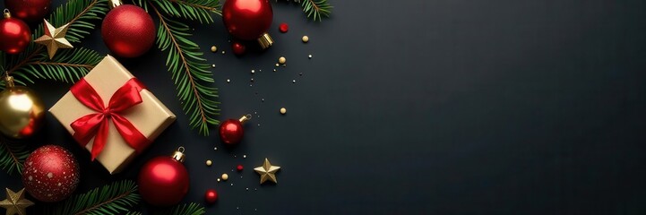 Golden ornaments, gifts, & Noel banner on black Festive Xmas backdrop , banner, gifts, happy holidays