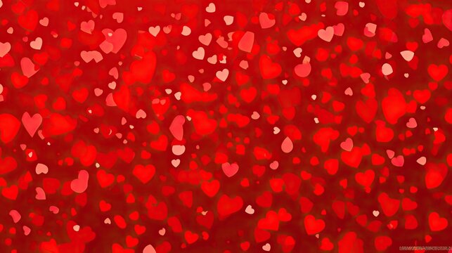 A vibrant red gradient background filled with numerous small heart and heart-shaped bokeh elements, designed as a Valentine's Day-themed flat style vector illustration