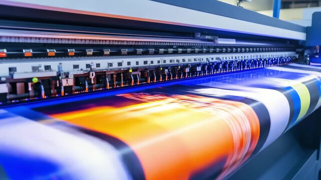 A large format printer creates a high quality print of colorful graphics in a commercial setting during daytime operations