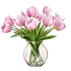 A bouquet of pink tulips stands in a clear glass vase on a plain surface, showing fresh flowers and green leaves