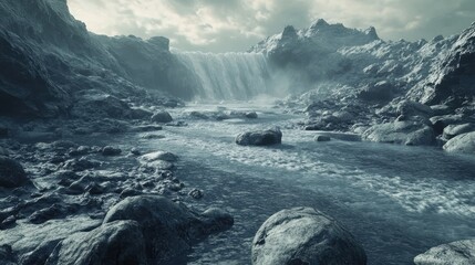 Dramatic Waterfall Cascading Through Rocky Canyon with Misty Atmosphere and Cloudy Sky