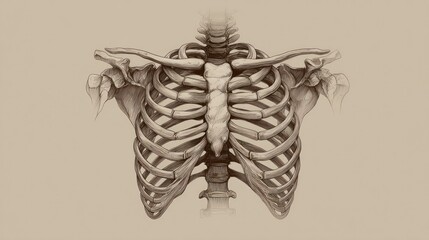 Artistic illustration of the human rib cage in a sepia tone, anatomical study