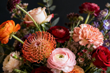 Colorful Mixed Flower Bouquet with Dark Background by generative AI technology