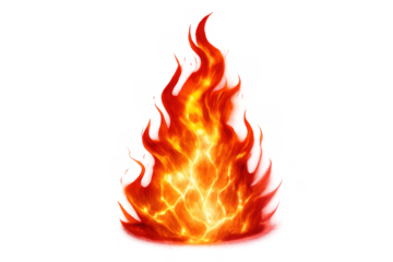 Bright burning fire flickering with intense heat, glowing orange red flames, and hot energy on transparent background