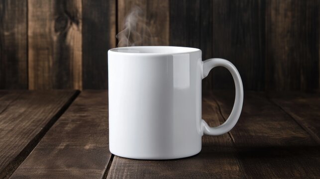 Steaming hot drink in a plain white ceramic mug on a rustic dark wooden table with a wooden background