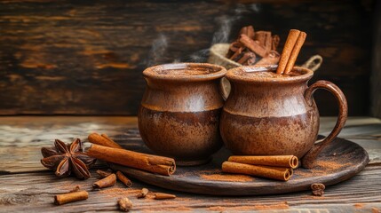 Fototapeta premium Rustic Ceramic Mugs with Steaming Spiced Drink and Cinnamon Sticks on Wooden Surface