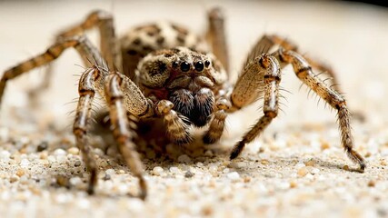 A detailed macro closeup shot of a fascinating brown and patterned wolf spider resting on a textured sandy ground showcasing its intricate body multiple eyes and hairy legs in sharp focus highlightin.
