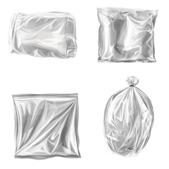 Different types of clear plastic bags and wrappers are shown on a white surface. Each bag has its own shape