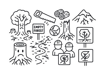 Obraz premium Environmental Destruction Doodles. Clearcut. Hand-drawn doodle illustration Clearcut environmental damage, sad tree face, empty forest sign, trail of