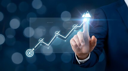 Business Hand Pointing to Strategic Growth Graph with Icons Representing Goals, Success, and Achievement